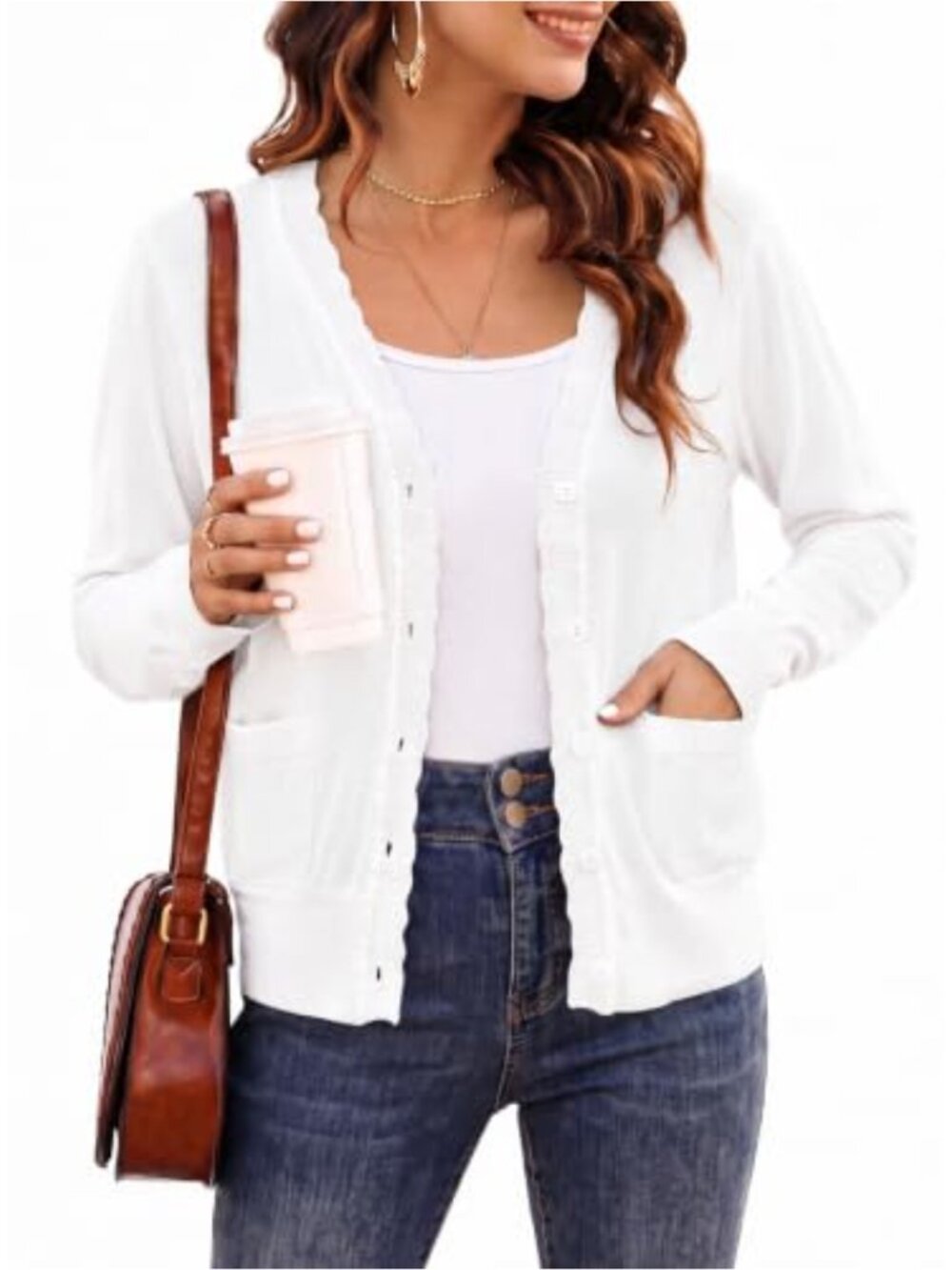 Women's V-Neck Knit Cardigan with Scalloped Trim - Lightweight